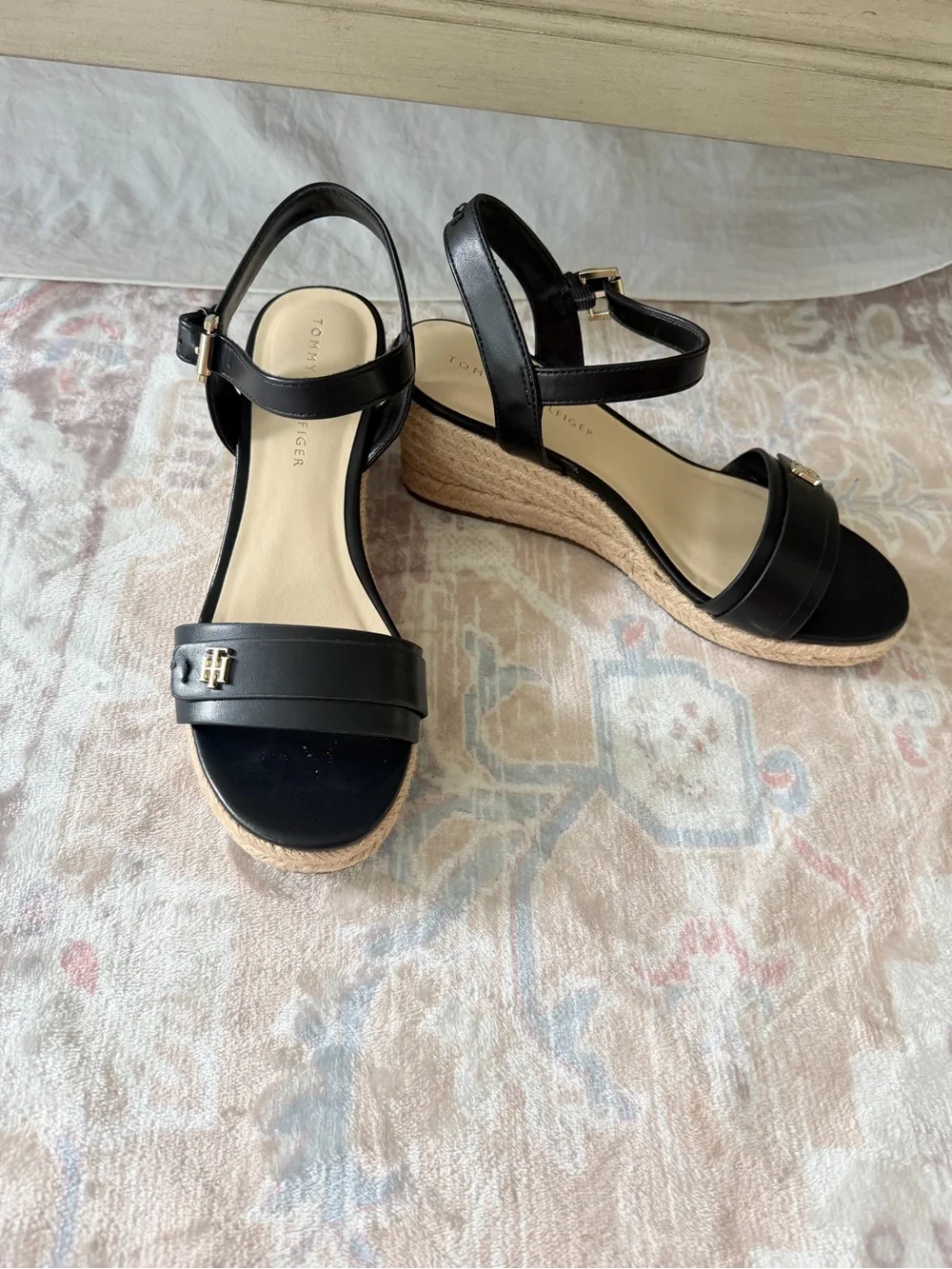 Tommy Hilfiger Black Leather Espadrille Wedge Sandals - W7
